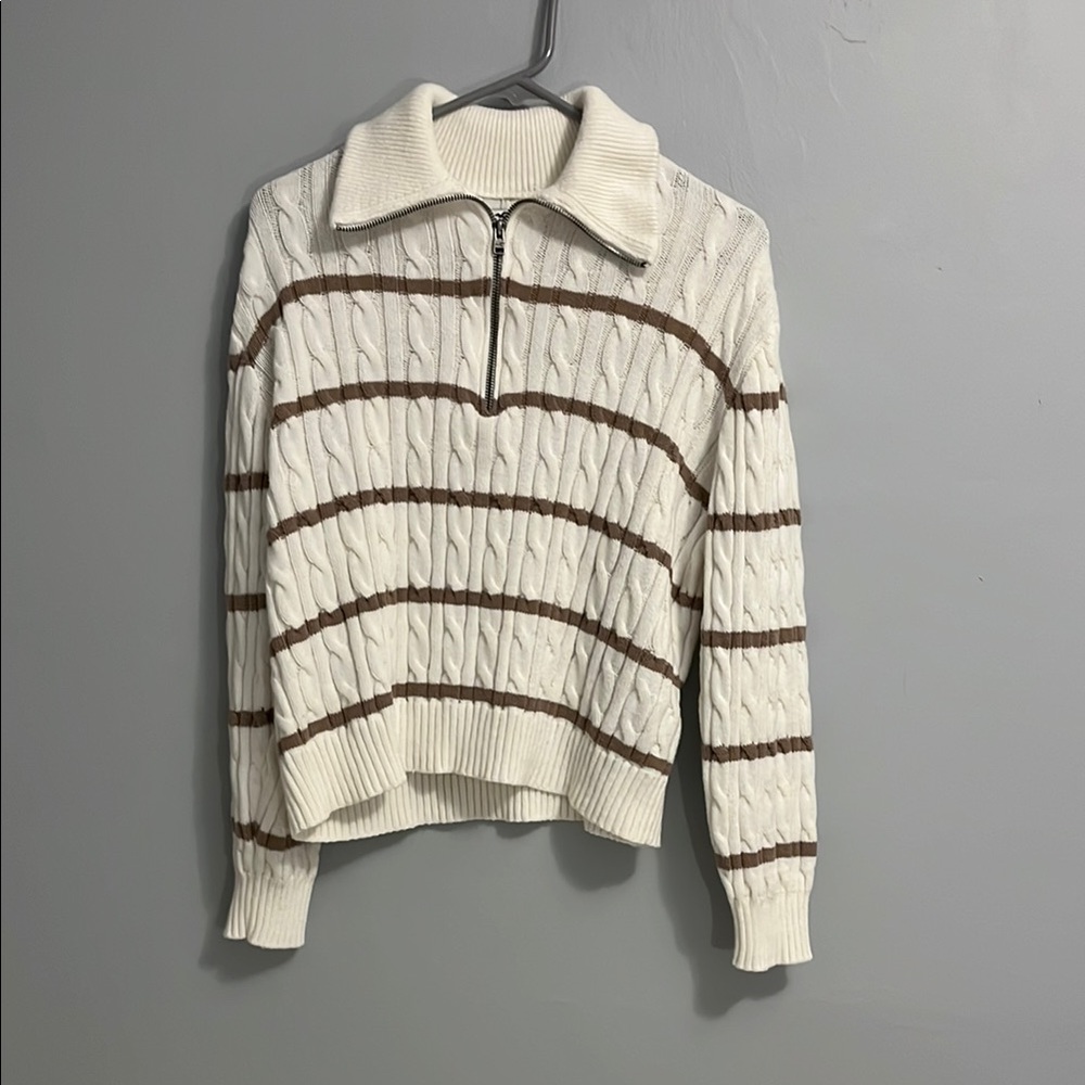 Cable Knit Sweater with Brown Stripes
